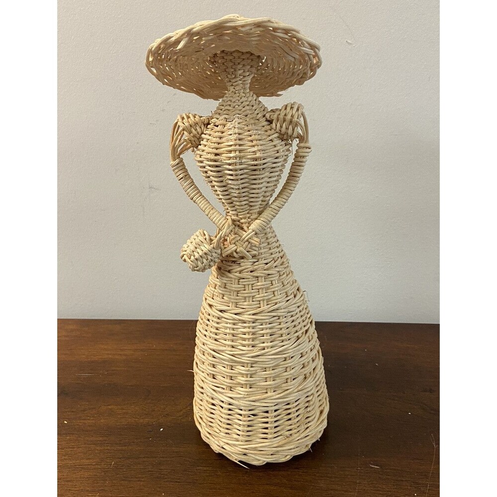 Vintage Wicker Doll Lady with Hat Flower Basket Dress Romantic Cottage Whimsical
